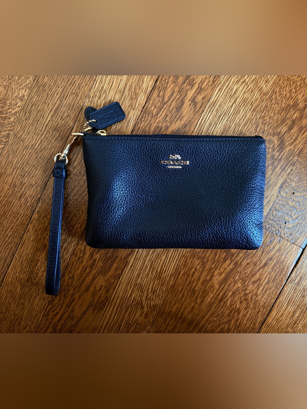 Authentic Coach Black Pebbled Leather Wristlet with Gold Hardware